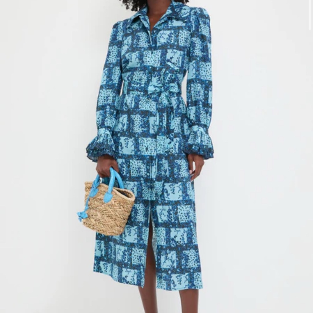 Tuckernuck Blue and White A-line Midi Dress with Notched Collar - Picture 2 of 9